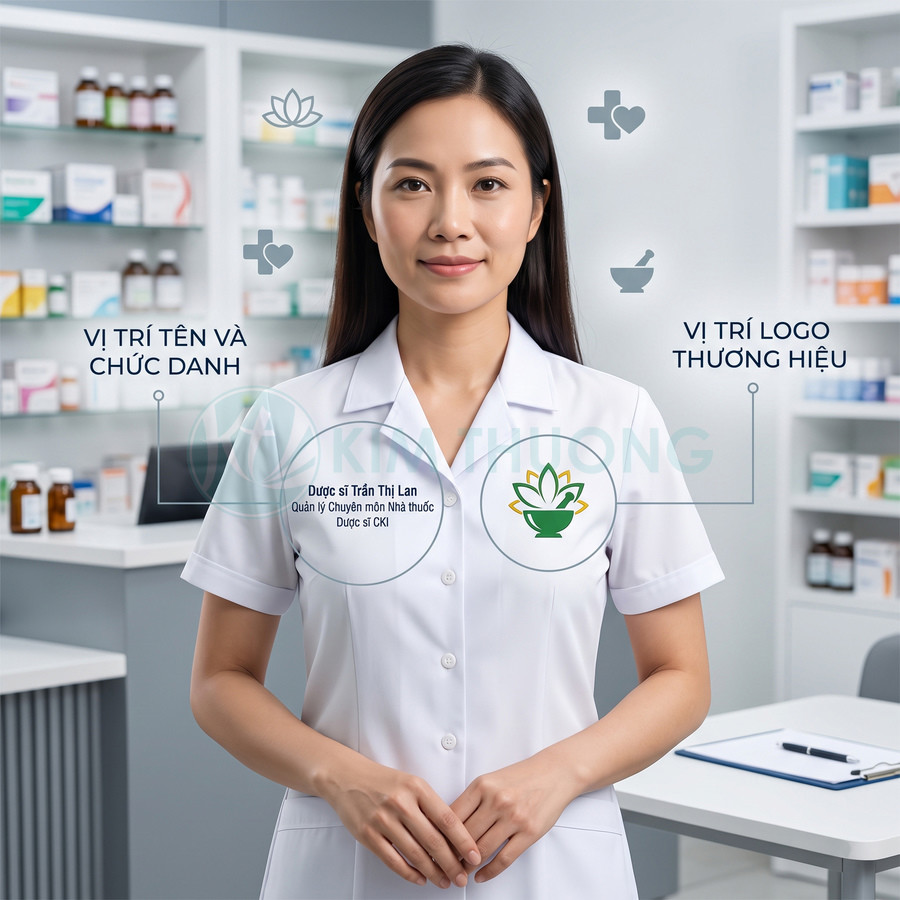 Nữ dược sĩ mặc áo blouse trắng đứng trong nhà thuốc, áo in tên chức danh và vị trí logo thương hiệu