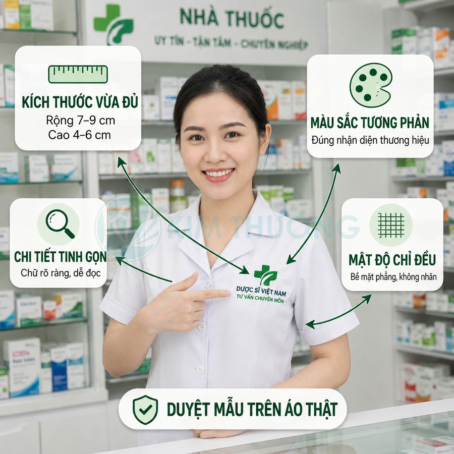 Dược sĩ mặc áo blouse in logo Dược sĩ Việt Nam đứng trong nhà thuốc, giới thiệu tiêu chí duyệt mẫu in trên áo