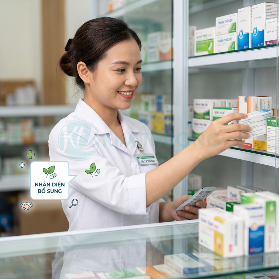 Dược sĩ nữ đang chọn hộp thuốc trên kệ trong nhà thuốc hiện đại