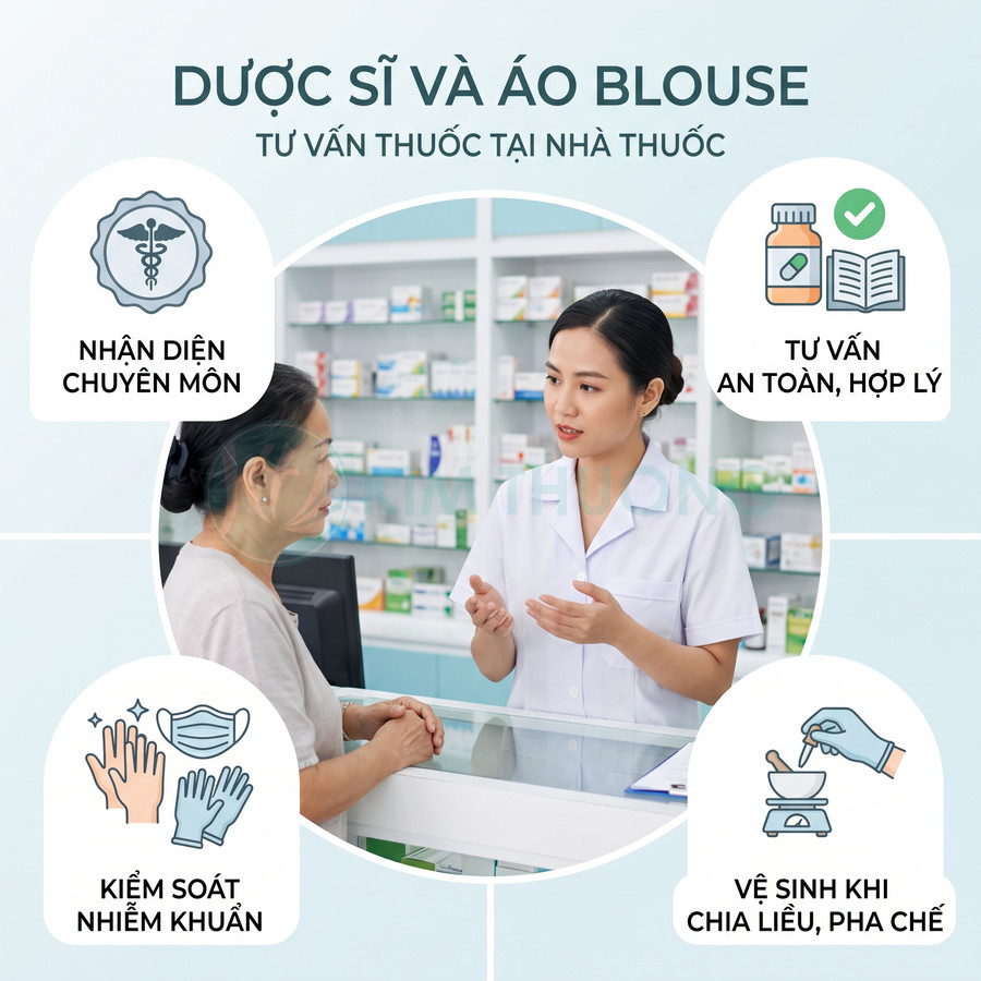 Dược sĩ mặc áo blouse trắng tư vấn dùng thuốc an toàn cho khách hàng tại quầy nhà thuốc