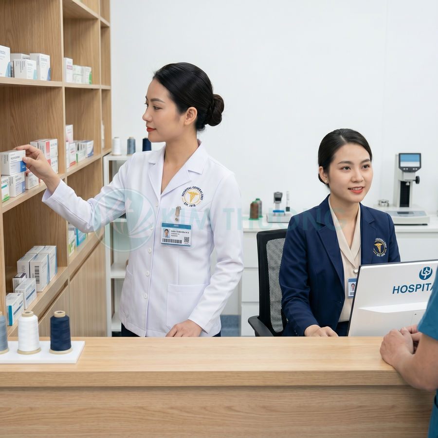 Dược sĩ bệnh viện lấy thuốc trên kệ và nhân viên lễ tân tư vấn cho bệnh nhân tại quầy thuốc