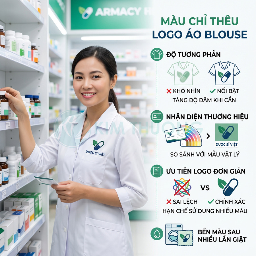 Dược sĩ mặc áo blouse thêu logo Dược Sĩ Việt màu xanh đứng trong nhà thuốc hiện đại