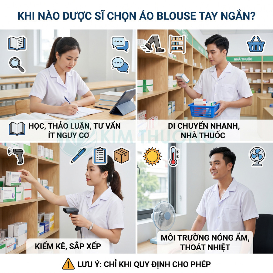 Dược sĩ mặc áo blouse tay ngắn làm việc trong nhà thuốc, học tập, kiểm kê và tư vấn khách hàng