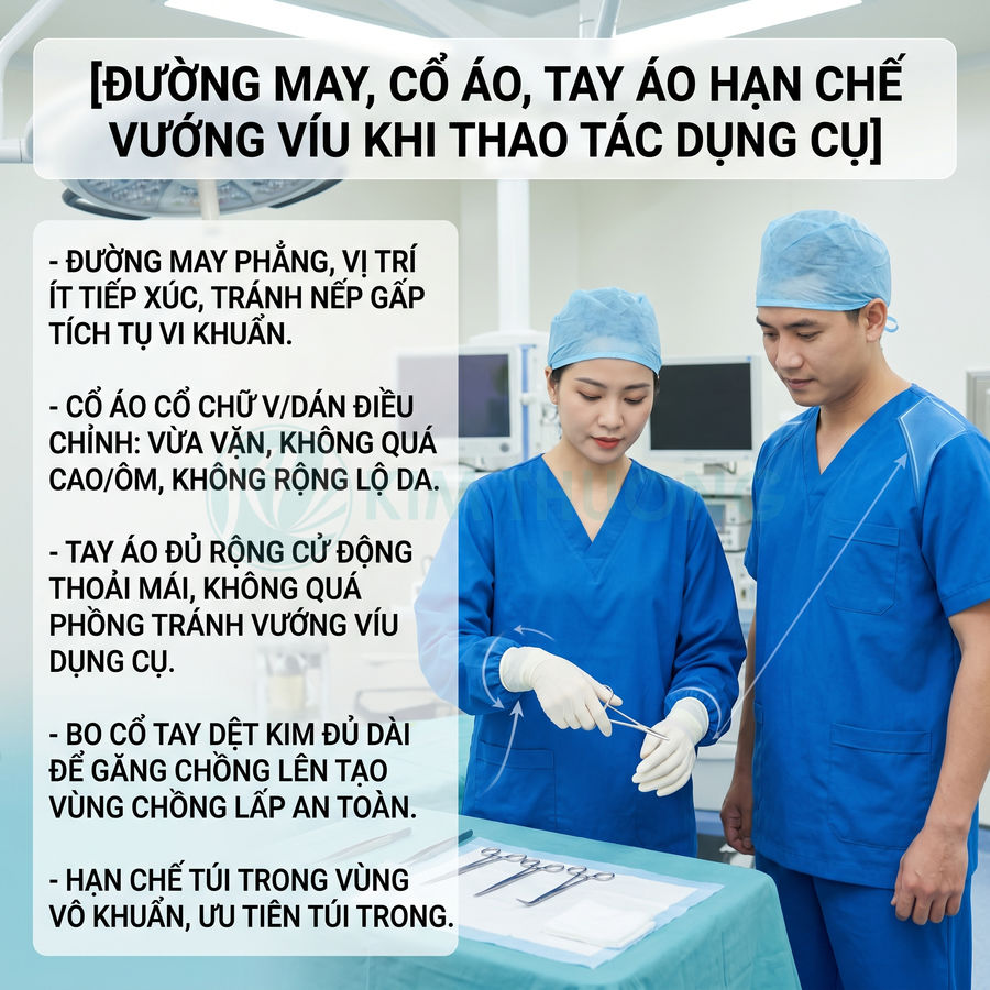 Bộ đồ phẫu thuật màu xanh cho bác sĩ với đường may cổ áo tay áo tối ưu hạn chế vướng víu khi thao tác dụng cụ