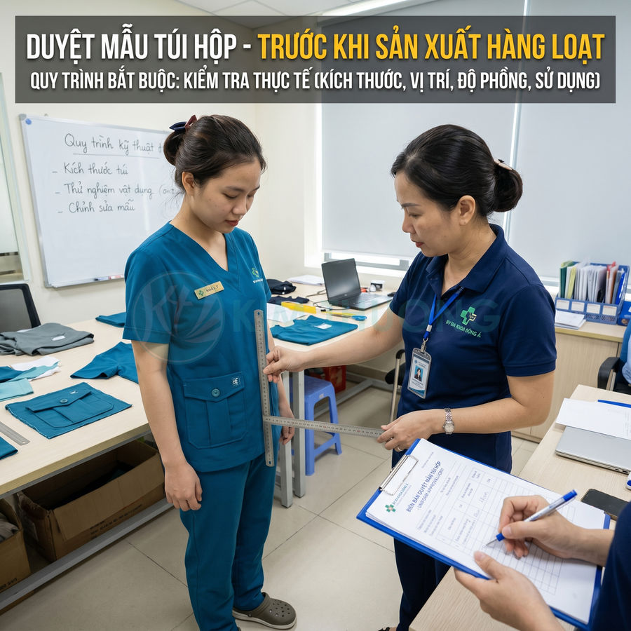 Nhân viên đo kiểm kích thước túi áo đồng phục y tế trên người mẫu trước khi sản xuất hàng loạt