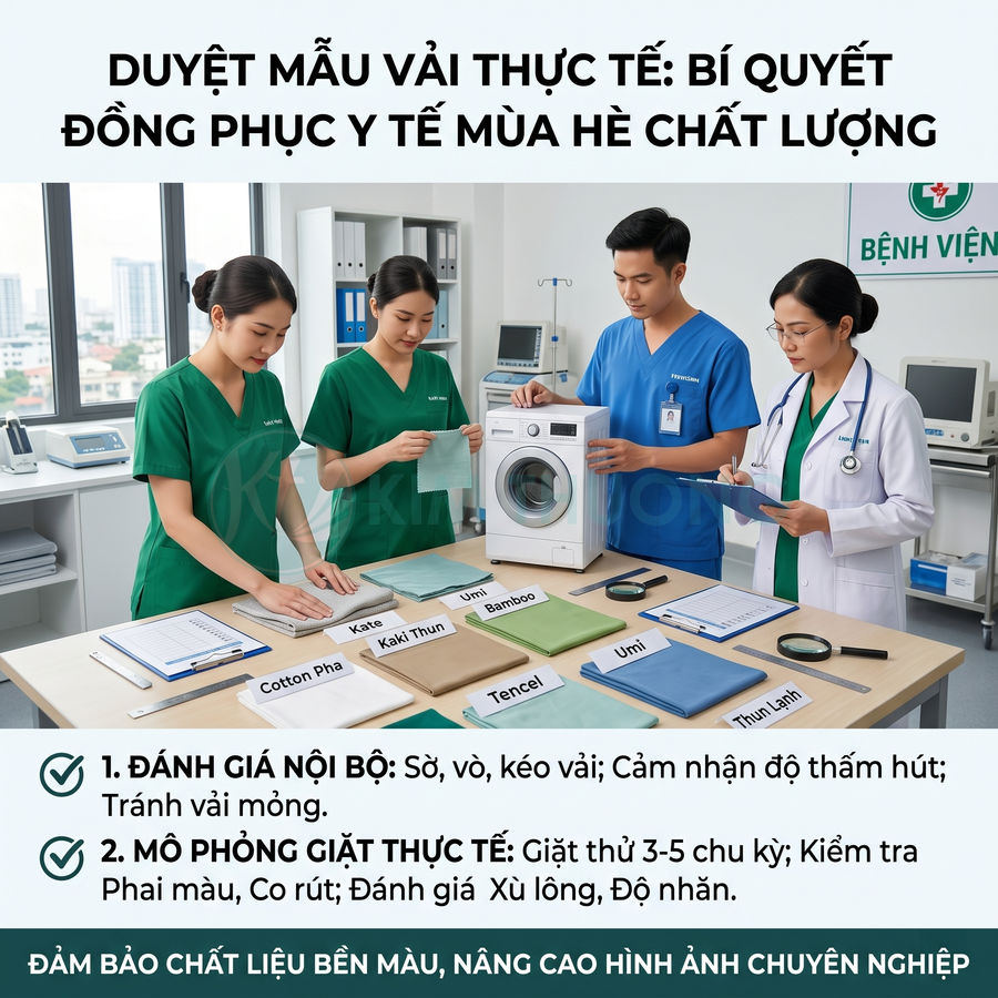 Nhân viên y tế kiểm tra mẫu vải đồng phục bệnh viện mùa hè trên bàn cùng máy giặt mô phỏng độ bền chất liệu