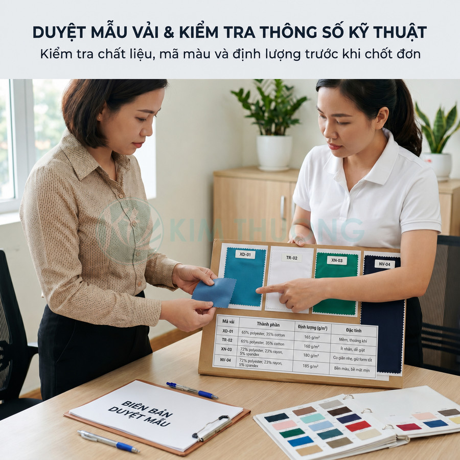 Nhân viên kiểm tra mẫu vải và thông số kỹ thuật trên bảng màu trước khi chốt đơn hàng