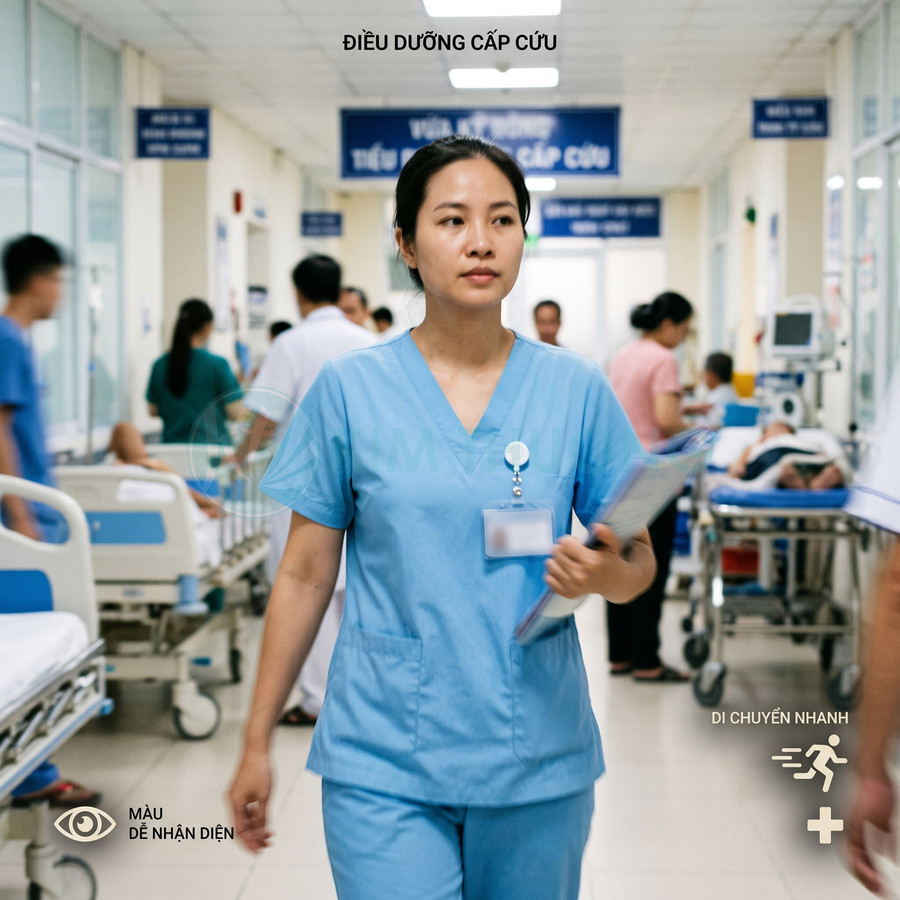 Điều dưỡng cấp cứu mặc đồng phục xanh cầm hồ sơ bệnh án đi trong hành lang bệnh viện