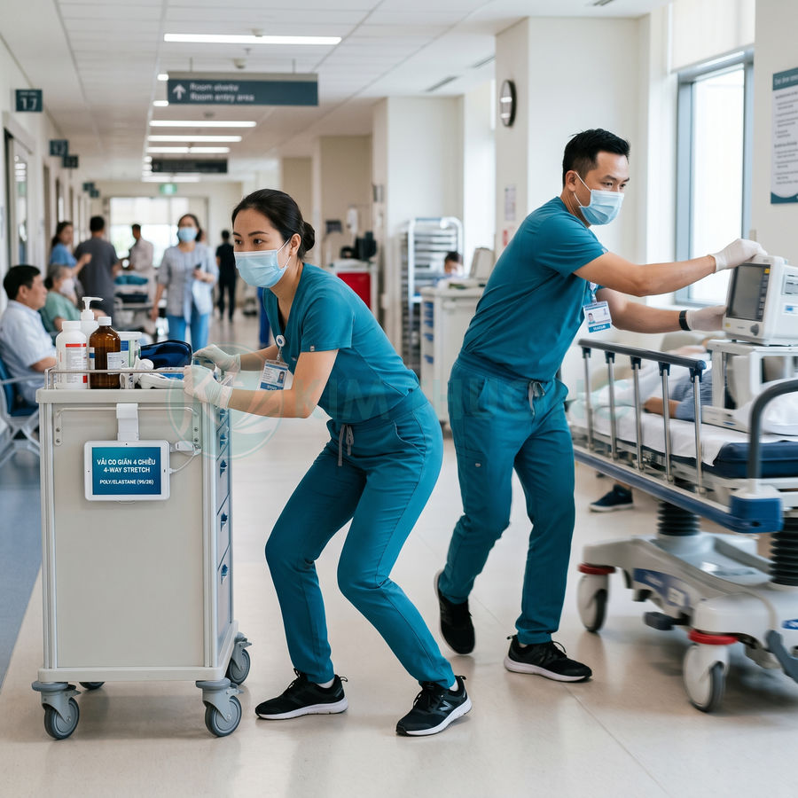 Nhân viên y tế đẩy xe thuốc và giường bệnh với thiết bị theo dõi trong hành lang bệnh viện