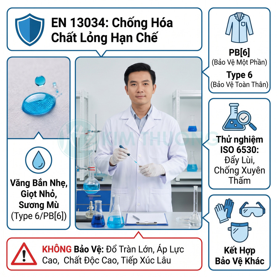 Trang phục bảo hộ hóa chất Type 6 PB[6] chống bắn tóe nhẹ, minh họa trong phòng thí nghiệm và tiêu chuẩn EN 13034, ISO 6530