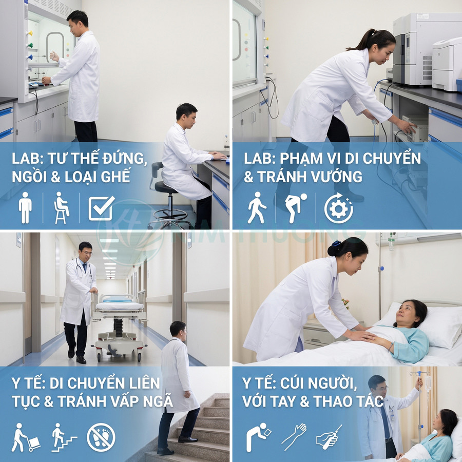 Nhân viên phòng thí nghiệm và y tế thực hành tư thế làm việc, di chuyển và thao tác an toàn bên cạnh bệnh nhân.