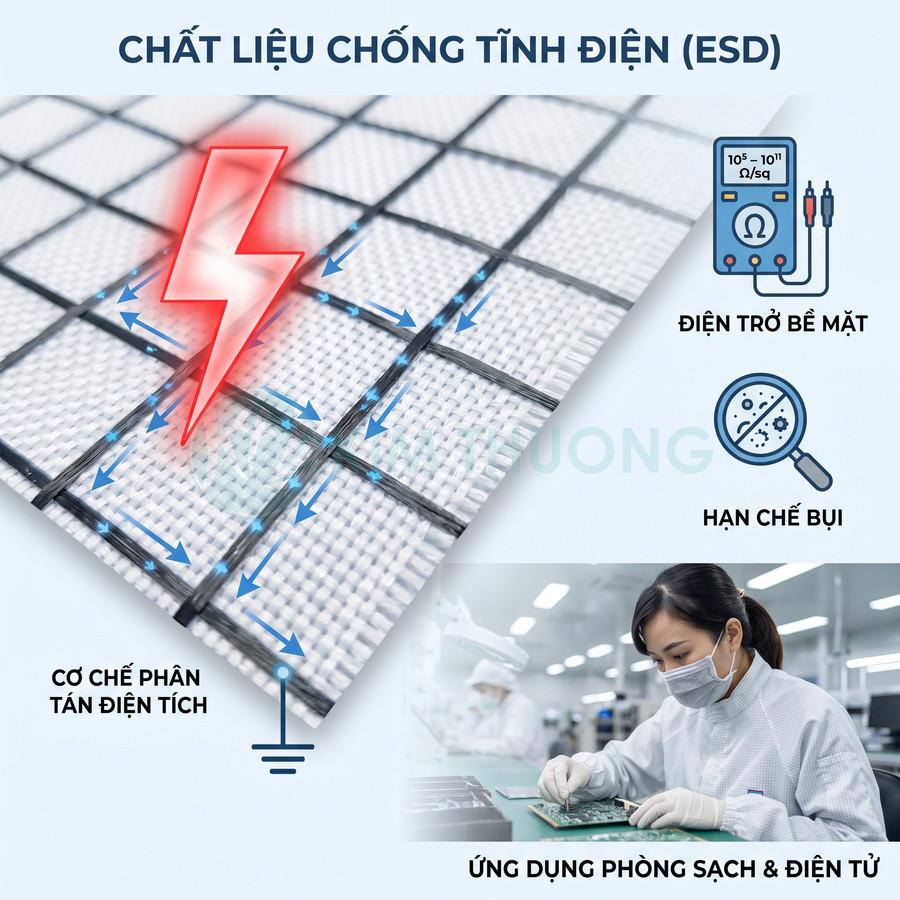 Vải chống tĩnh điện ESD dệt ô vuông, giúp phân tán điện tích và hạn chế bụi trong phòng sạch điện tử