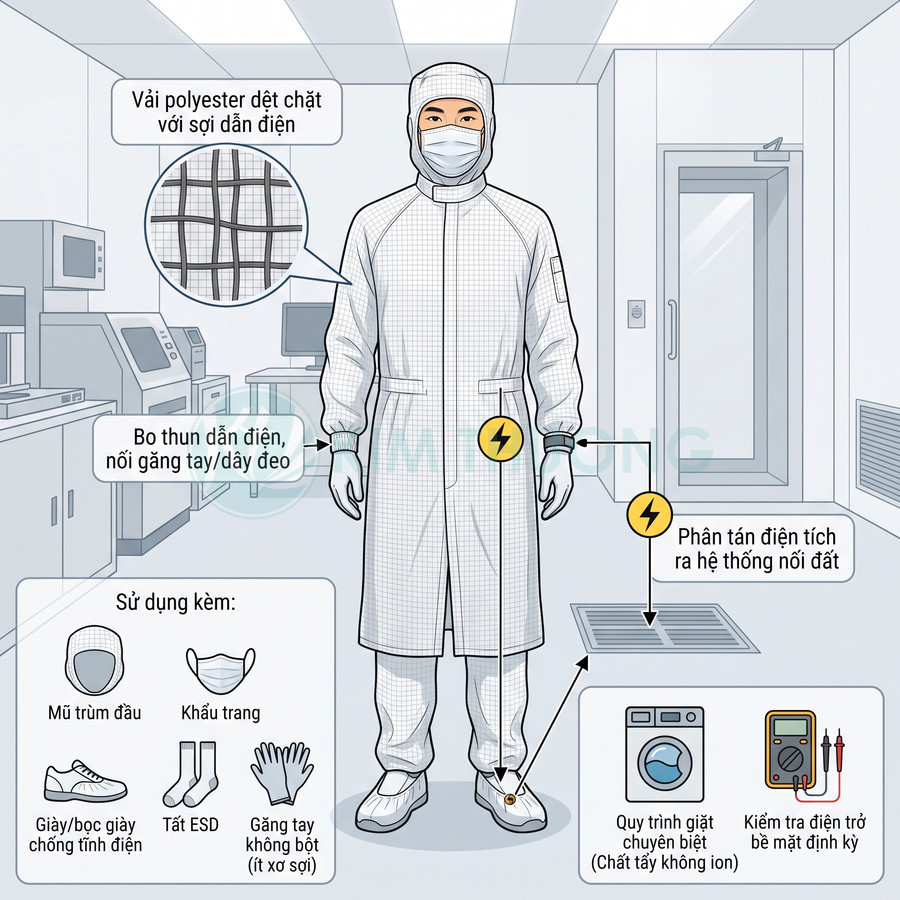 Bộ quần áo phòng sạch chống tĩnh điện bằng polyester dẫn điện, kèm mũ trùm, khẩu trang, giày và găng tay ESD