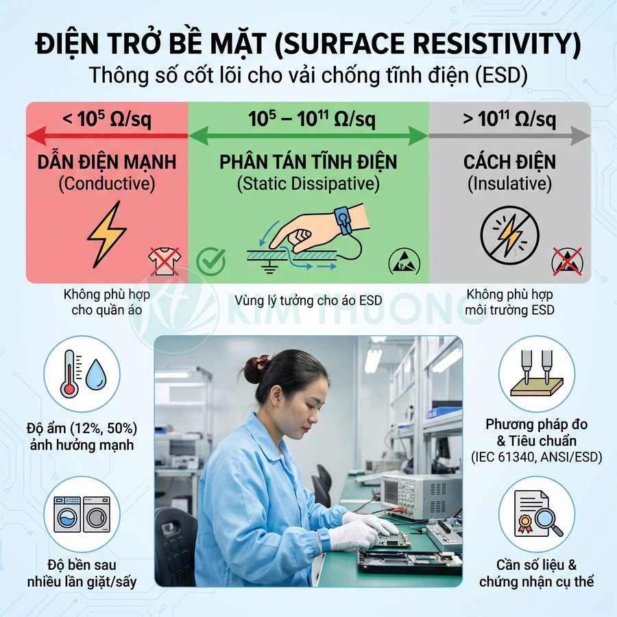 Thông tin điện trở bề mặt của vải chống tĩnh điện ESD và nhân viên mặc áo bảo hộ đang kiểm tra thiết bị điện tử