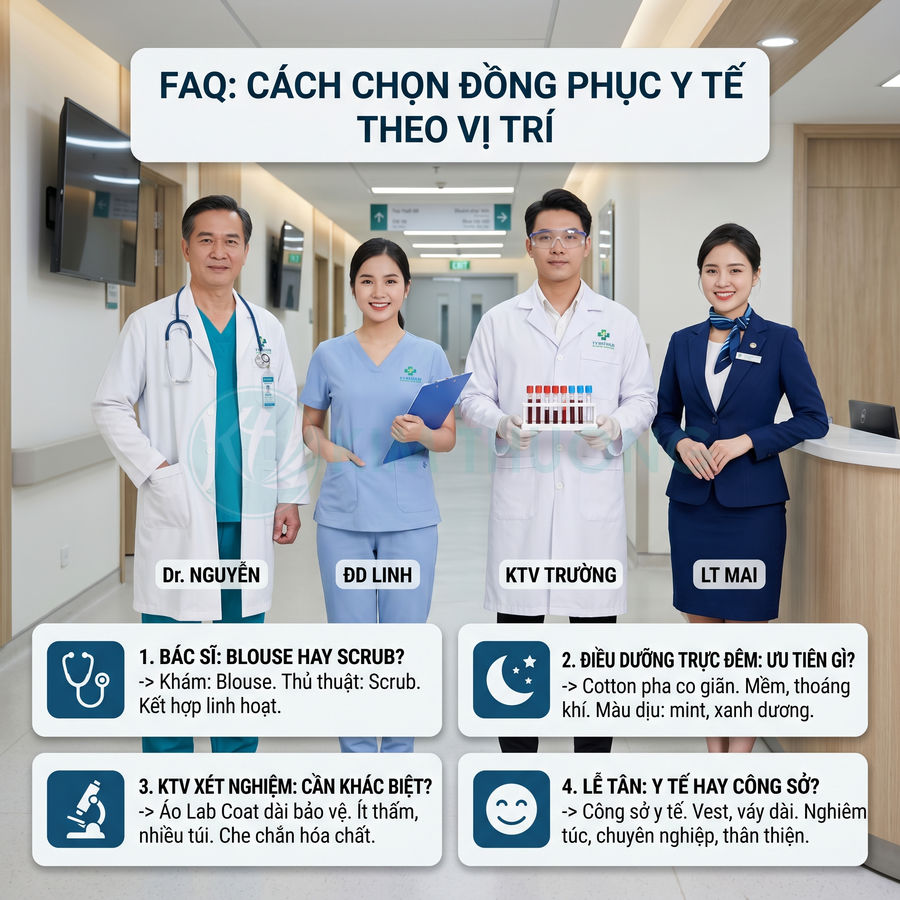 Nhân viên bệnh viện mặc các mẫu đồng phục y tế khác nhau cho bác sĩ, điều dưỡng, kỹ thuật viên và lễ tân