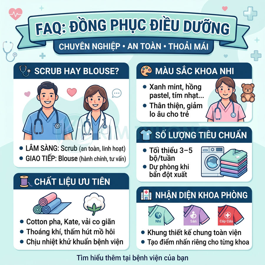 Infographic hướng dẫn chọn đồng phục điều dưỡng: scrub, blouse, màu sắc khoa nhi, chất liệu, số lượng và nhận diện khoa phòng