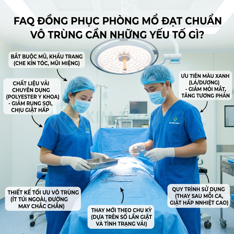 Bộ đồng phục phòng mổ màu xanh cho bác sĩ phẫu thuật với mũ, khẩu trang và găng tay vô trùng