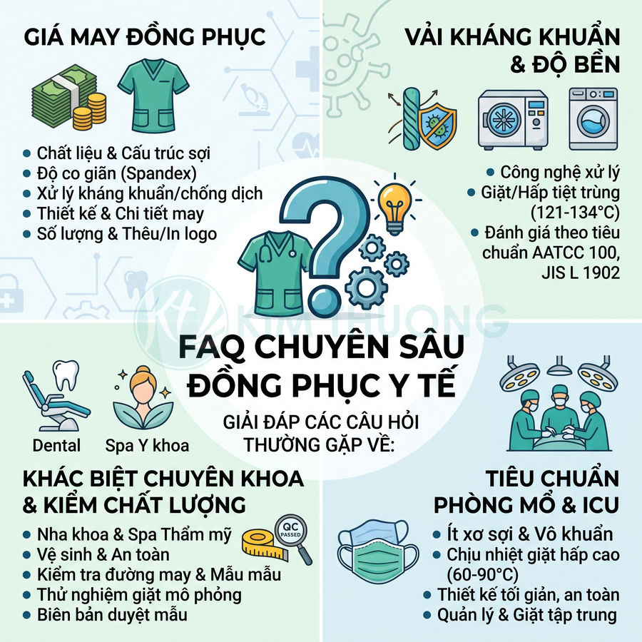Infographic giới thiệu FAQ chuyên sâu về đồng phục y tế, vải kháng khuẩn, tiêu chuẩn phòng mổ và kiểm chất lượng
