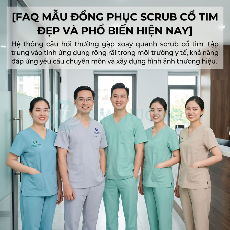 Nhóm nhân viên y tế mặc đồng phục scrub cổ tim nhiều màu đứng trong phòng khám hiện đại