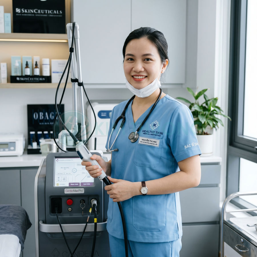 Bác sĩ da liễu cầm máy laser Candela GentleMax Pro trong phòng khám da liễu hiện đại