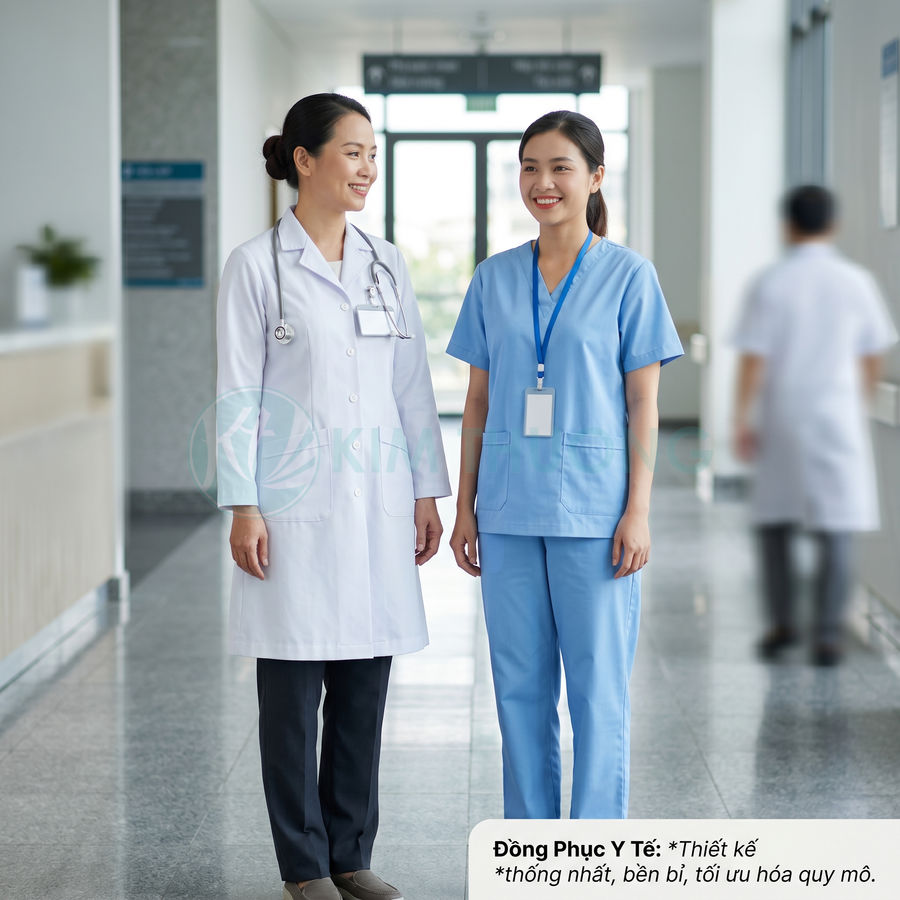 Đồng phục y tá và bác sĩ nữ màu trắng xanh chuyên nghiệp trong hành lang bệnh viện