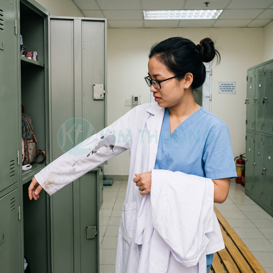 Bác sĩ nữ mặc đồ scrub xanh kiểm tra áo blouse trắng bị dính bẩn trong phòng thay đồ bệnh viện