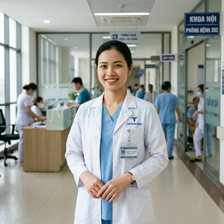 Nữ bác sĩ bệnh viện mặc áo blouse trắng và đồng phục xanh đứng mỉm cười tại hành lang khoa nội
