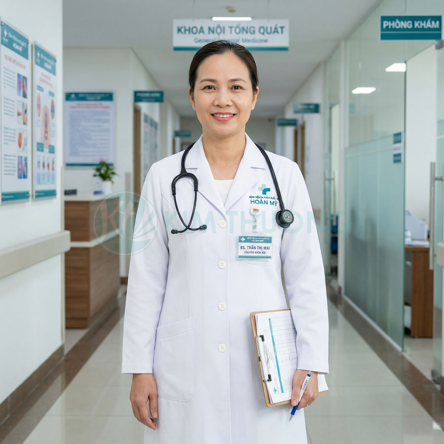 Bác sĩ bệnh viện Hoàn Mỹ mặc áo blouse trắng đeo ống nghe cầm bảng hồ sơ trong hành lang khoa nội tổng quát