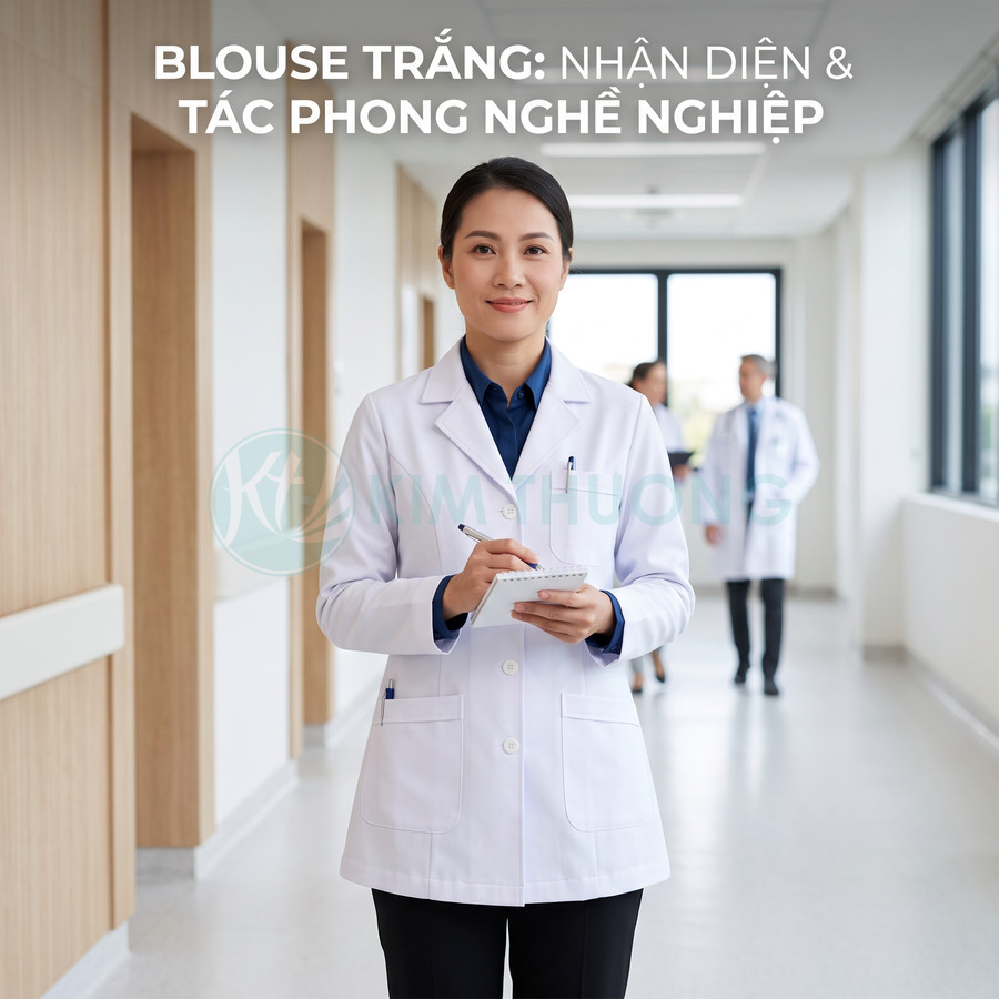 Bác sĩ mặc áo blouse trắng đứng trong hành lang bệnh viện, tay cầm sổ ghi chép