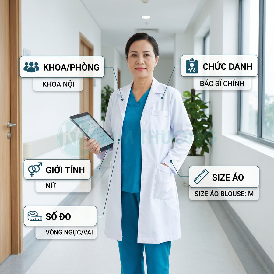 Bác sĩ nữ mặc áo blouse trắng size M và đồ scrubs xanh cầm máy tính bảng trong hành lang bệnh viện