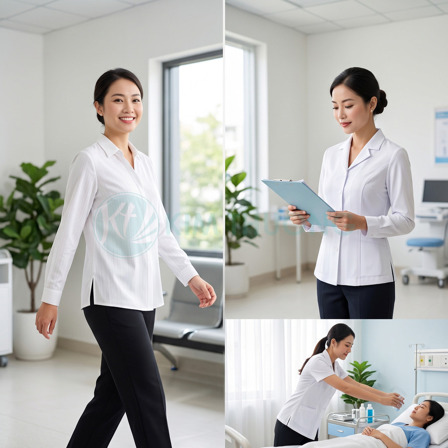 Đồng phục y tá nữ màu trắng tay dài quần đen cao cấp trong môi trường bệnh viện hiện đại