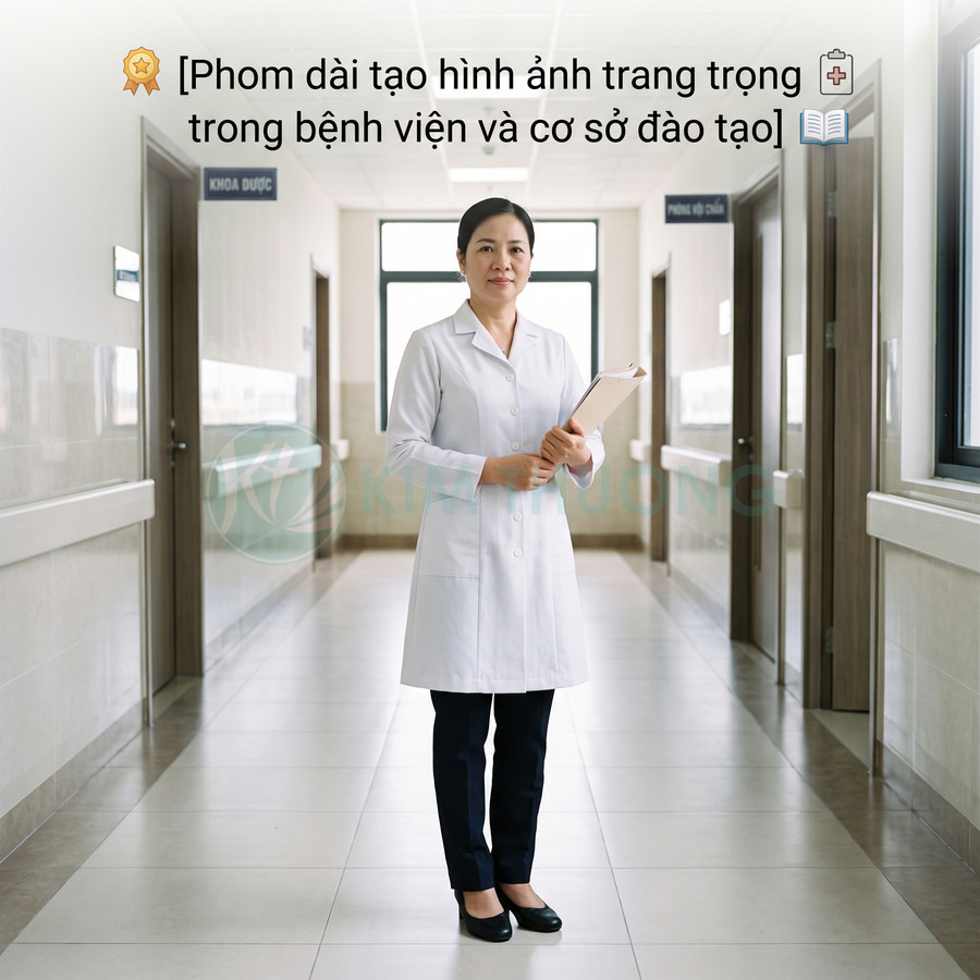 Áo blouse bác sĩ nữ phom dài trang trọng mặc trong bệnh viện, tay cầm hồ sơ y khoa