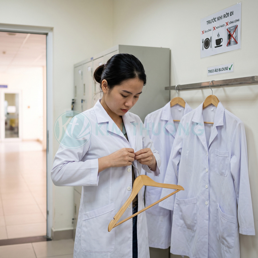 Nữ nhân viên y tế mặc áo blouse trắng trong phòng thay đồ bệnh viện