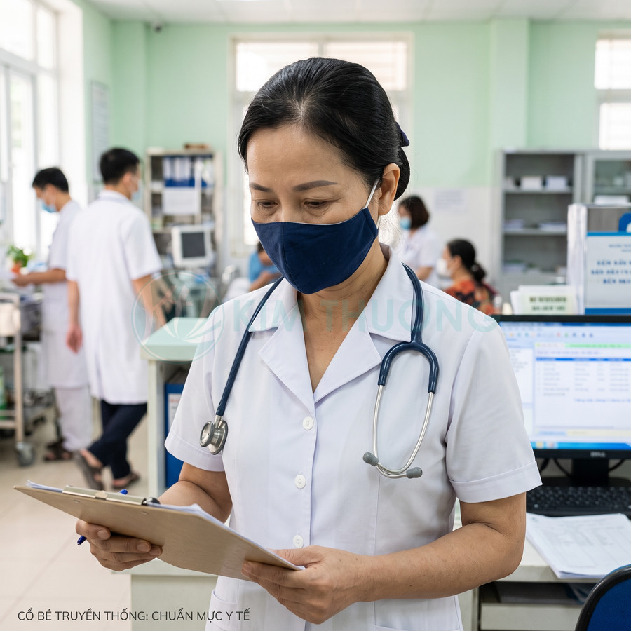 Nữ bác sĩ đeo khẩu trang và ống nghe đang xem hồ sơ bệnh án trong phòng khám bệnh viện