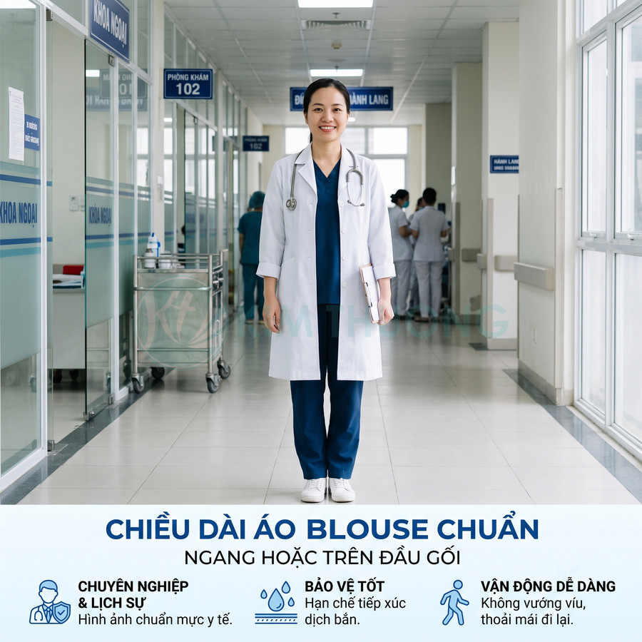 Bác sĩ nữ mặc áo blouse trắng chuẩn dài ngang gối trong hành lang bệnh viện sạch sẽ