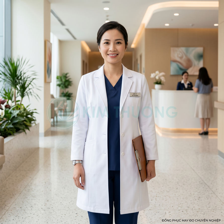 Nữ bác sĩ mặc áo blouse trắng và đồng phục y tế xanh navy đứng trong sảnh bệnh viện hiện đại