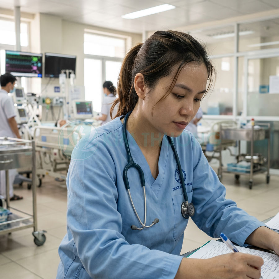 Nữ bác sĩ mặc áo blouse xanh đeo ống nghe đang ghi chép hồ sơ bệnh án trong phòng hồi sức tích cực