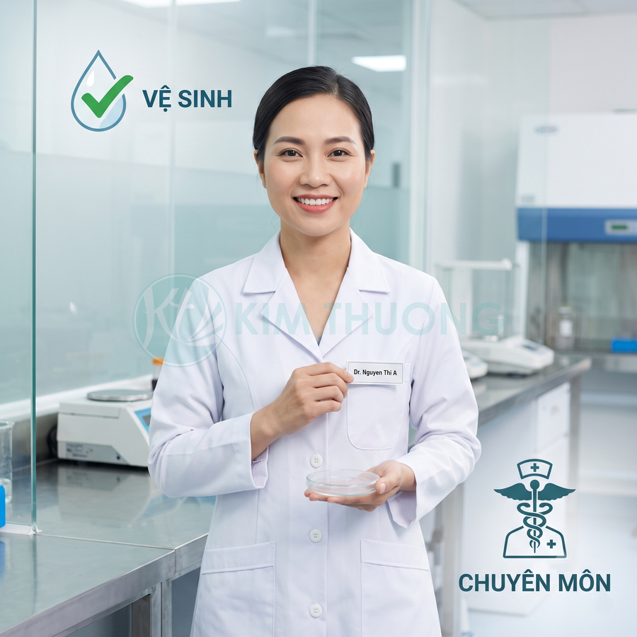 Nữ bác sĩ phòng thí nghiệm Kim Thương cầm đĩa petri, mặc áo blouse trắng trong không gian vô trùng