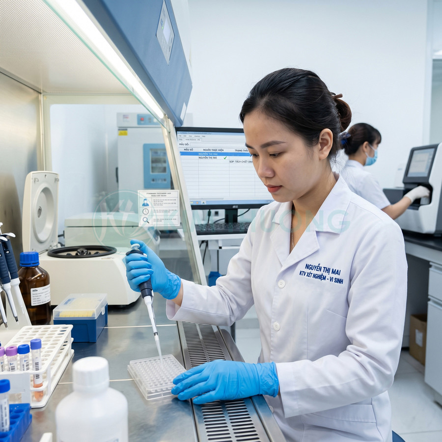 Kỹ thuật viên phòng thí nghiệm dùng micropipette lấy mẫu vào khay xét nghiệm trên bàn an toàn sinh học