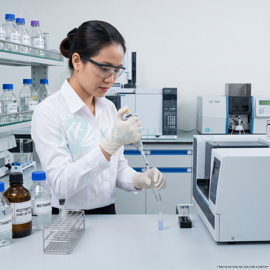 Nhân viên phòng thí nghiệm dùng micropipette lấy mẫu hóa chất vào ống nghiệm cạnh máy phân tích GC MS