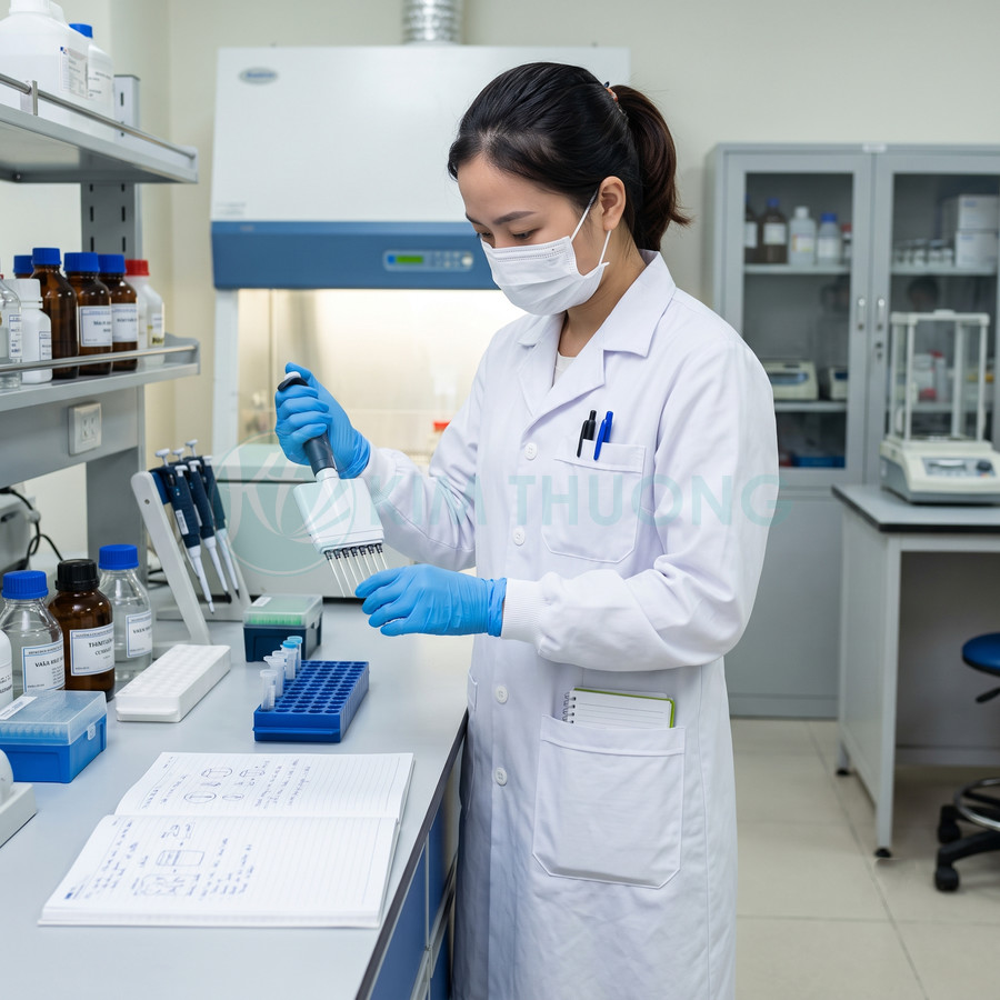 Nhân viên phòng thí nghiệm dùng micropipette lấy mẫu vào khay ống nghiệm trên bàn thí nghiệm