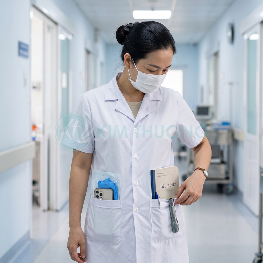 Nữ bác sĩ mặc áo blouse trắng đeo khẩu trang, cầm sổ ghi chép và điện thoại iPhone trong túi áo trong hành lang bệnh viện