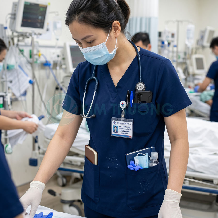 Điều dưỡng mặc đồng phục y tế xanh đeo ống nghe và găng tay đang chăm sóc bệnh nhân trong phòng hồi sức