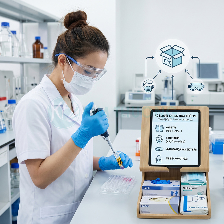 Nhân viên phòng thí nghiệm dùng pipet, đeo găng tay nitrile, khẩu trang y tế và kính bảo hộ cạnh hộp PPE