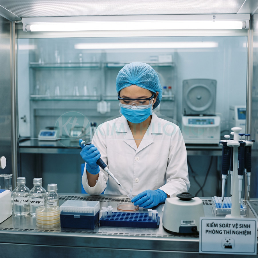 Kỹ thuật viên phòng thí nghiệm dùng micropipette lấy mẫu vi sinh trên đĩa petri trong tủ an toàn sinh học