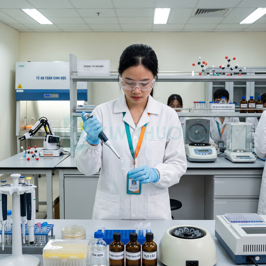 Nữ kỹ thuật viên phòng thí nghiệm dùng micropipette lấy mẫu dung dịch trên bàn thiết bị xét nghiệm