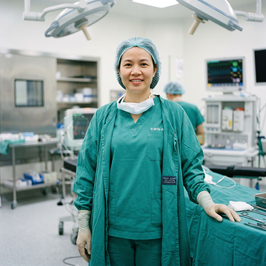 Nữ bác sĩ phẫu thuật mặc đồ mổ màu xanh đứng trong phòng mổ hiện đại với dụng cụ y tế xung quanh