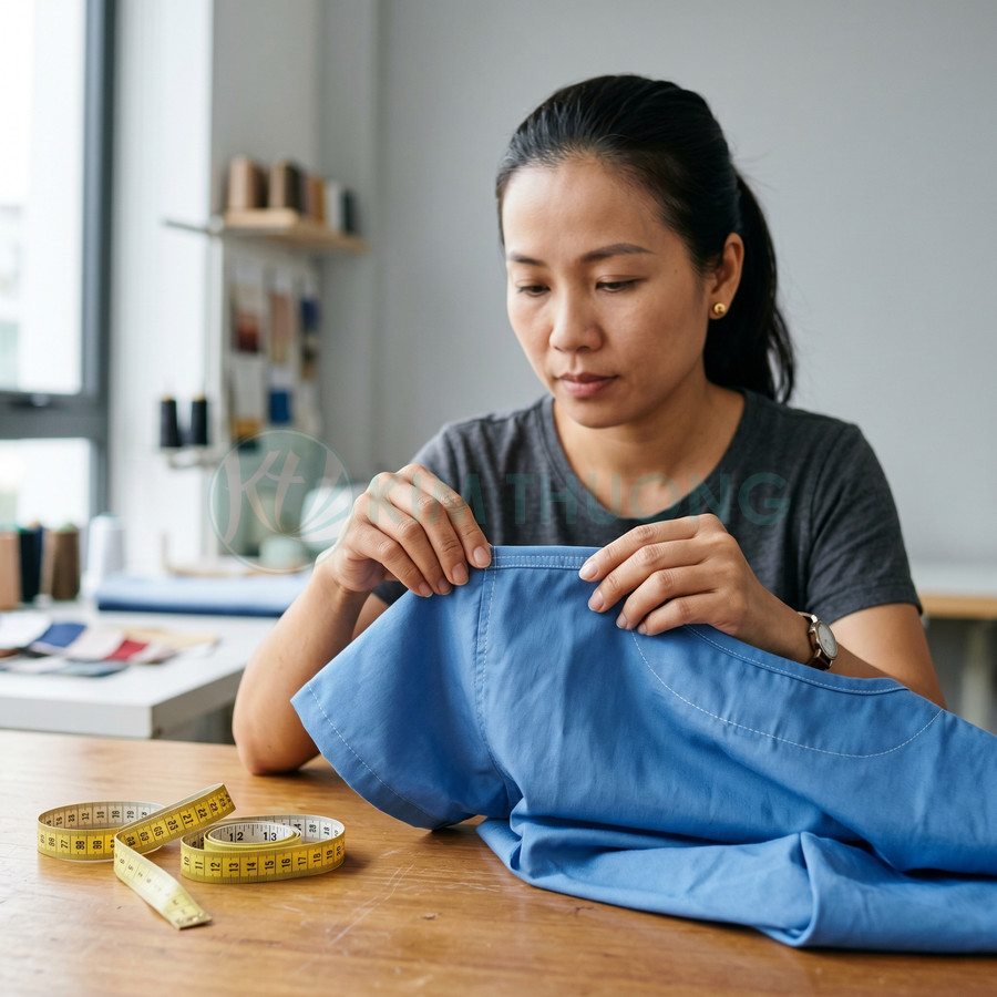 Thợ may kiểm tra đường may trên áo sơ mi xanh bên cạnh thước dây trên bàn làm việc