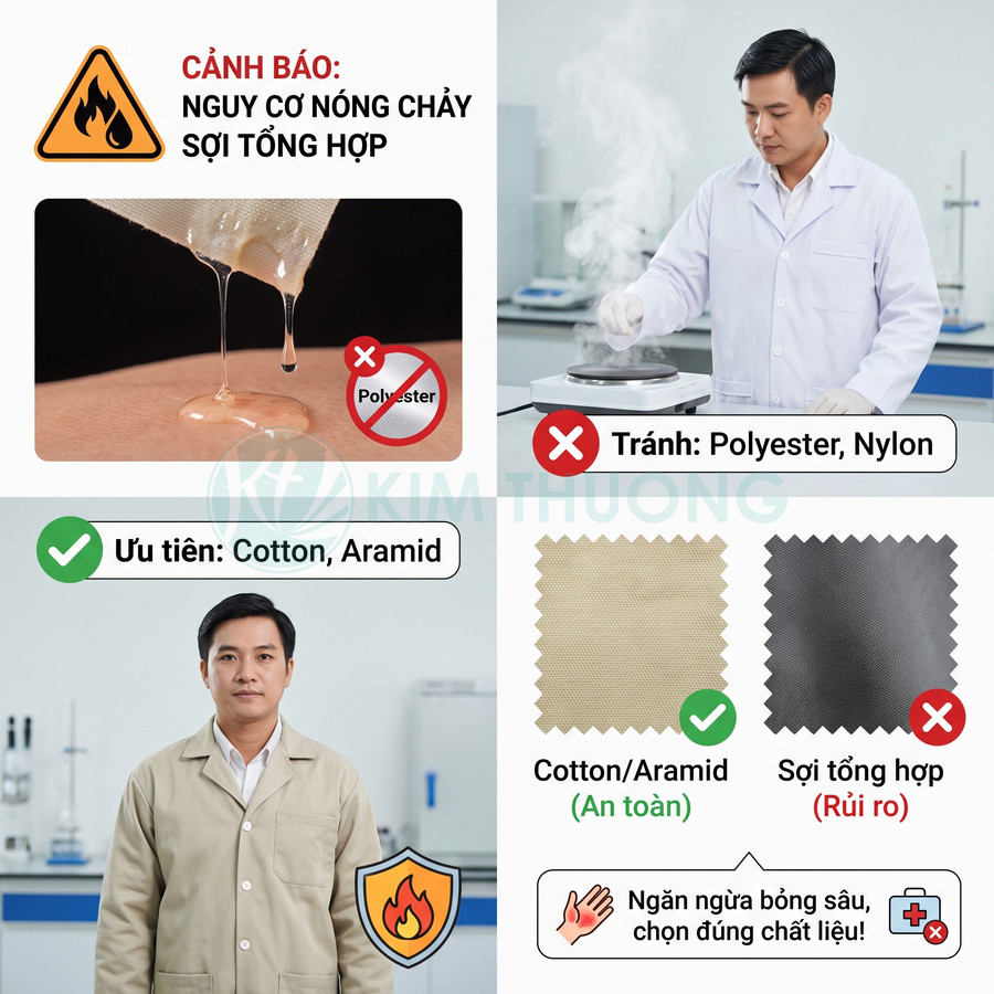 Hướng dẫn chọn áo chống bỏng bằng cotton hoặc aramid, tránh polyester và nylon vì có nguy cơ nóng chảy gây bỏng sâu