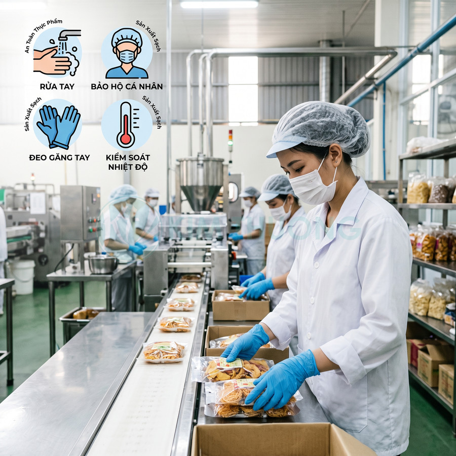 Công nhân đóng gói thực phẩm ăn liền trên dây chuyền sản xuất sạch, đeo khẩu trang và găng tay bảo hộ